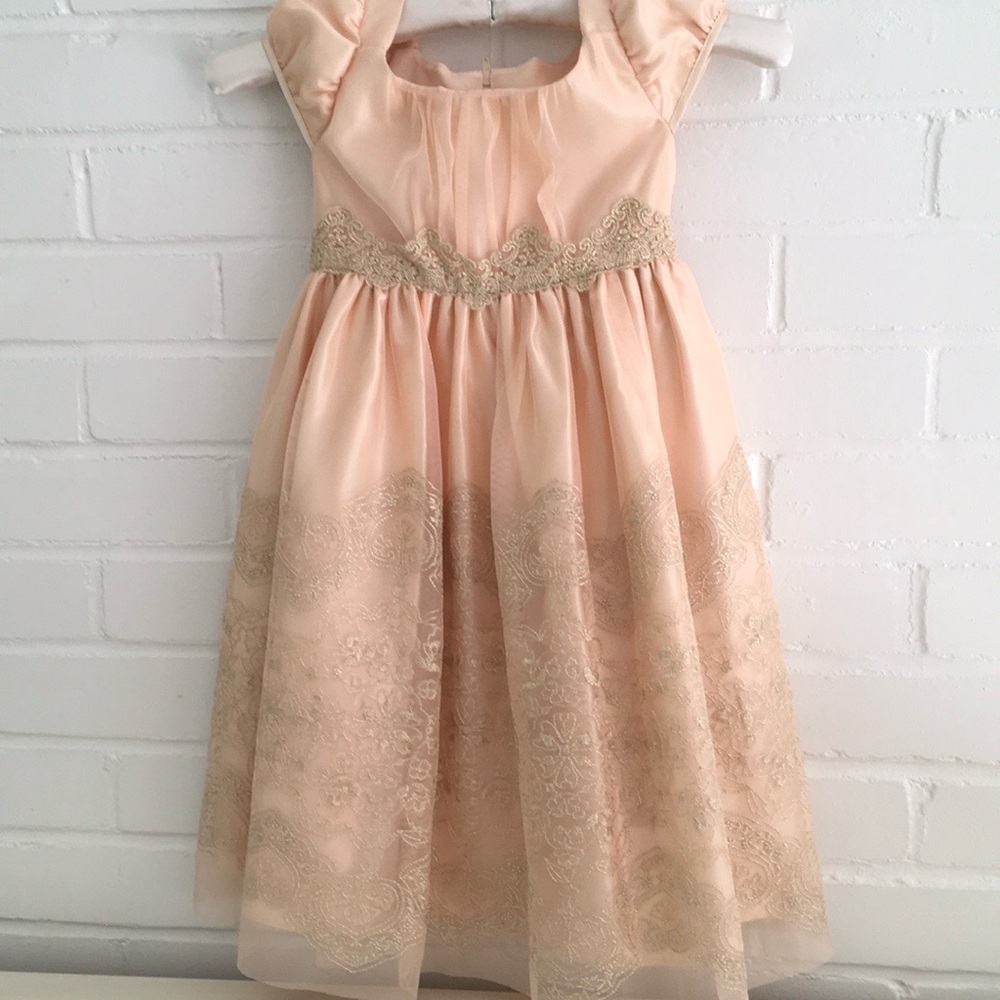 Classic Bonnie Jean Peach/Blush Color Lace Shimmer Short Sleeve Fancy Dress